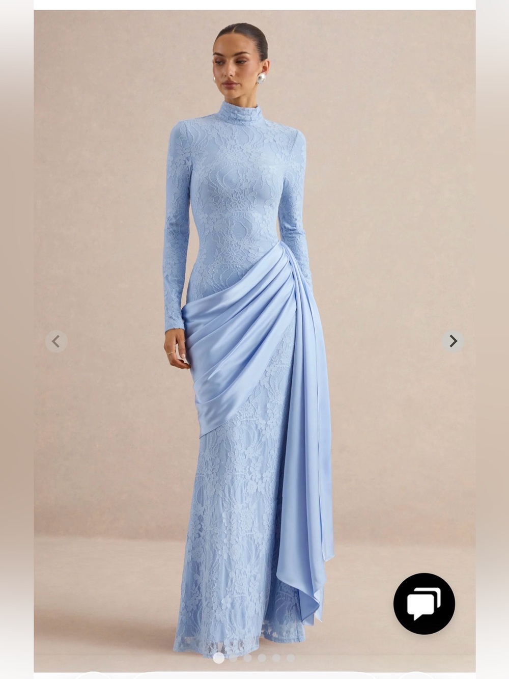 Long Sleeve Lace Gown with Draped Side Panel - Light Blue